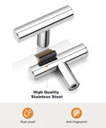 Two polished chrome cabinet knobs and handles with stainless steel single hole Euro T-bar design, 2 inch length, rustproof feature.