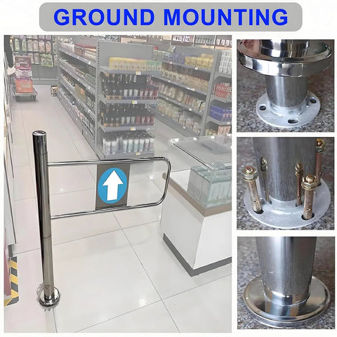 Automatic Swing Gate Built Like A Tank With Stainless Steel And Spring Loaded One Way Door for ground mounting in retail setting.