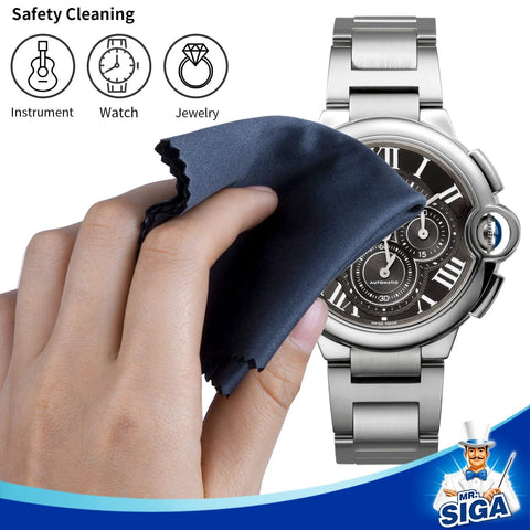 MR.SIGA microfiber cleaning cloth, navy, 6×7 in, close-up wiping wristwatch face