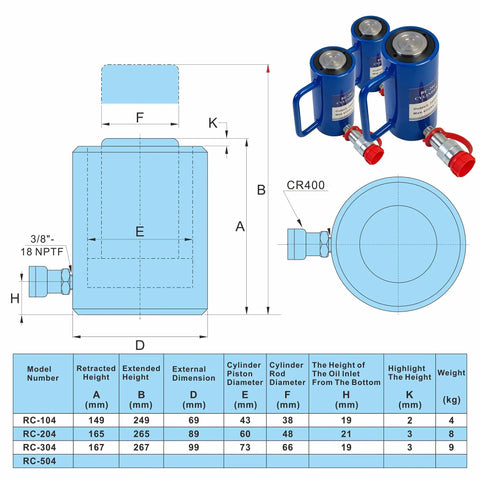 Heavy Duty Single Acting Hydraulic Cylinder Ram And Portable Lifting Jack With Four Inch Stroke And Quick Connect Coupler dimensions and specifications chart.