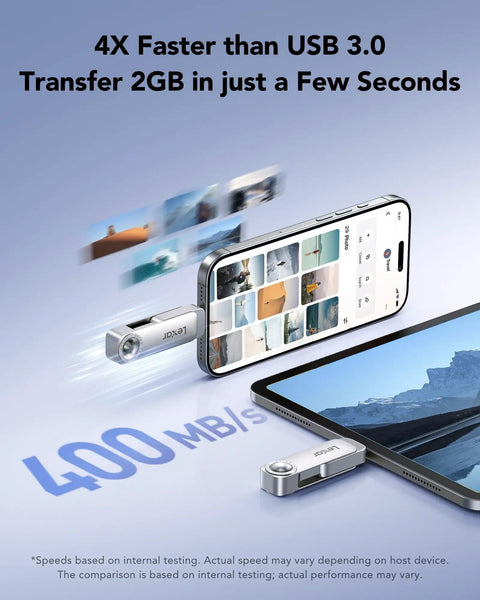 Dual USB C And USB A Flash Drive 128GB High Performance Solid State Dual Drive with metal housing connected to phone and laptop