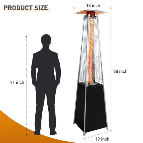 Propane Patio Heater With Wheels 48,000 BTU Outdoor Stainless Steel Gas Heater Delivers 360 Degree Heat, black and silver finish with dimensions.