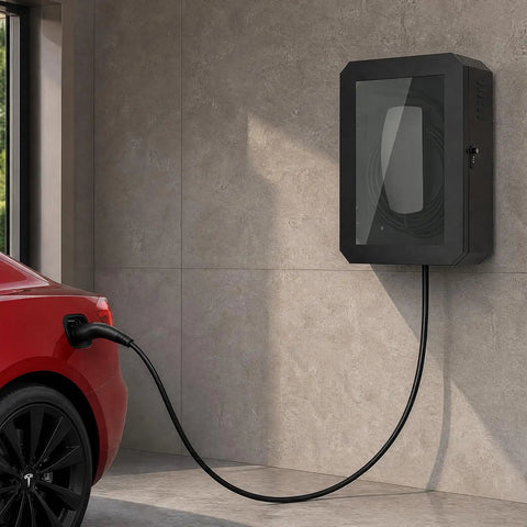 Drop Dead Sturdy EV Charger Cover With Weatherproof Lock Enclosure For Tesla Chargepoint And Grizzl E Plugs mounted on wall with charging plug