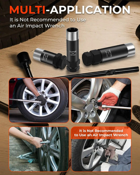3 Piece 7 Spline Lug Nut Socket Set Built Different With Universal Wheel Bolt Sizes and Patented Alloy Collar shown in use on various wheels.