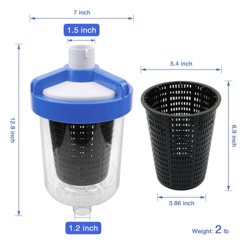 Dimensions of Inline Pool Leaf Canister Debris Catcher For Hayward W560 PoolVac Navigator with strainer basket.