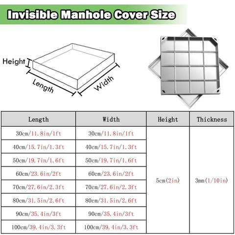 Diagram showing size options for Heavy Duty Waterproof Rectangular Drainage Cover With Hidden Embedded Manhole And Septic Tank Lid For Lawn Dock And Pavement With Hooks 12x12 Inch Access Solution That Blends Into Landscape.