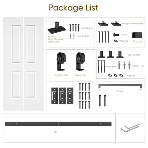 36 By 84 Inch Bifold Barn Door With Classic Raised Two Panel Design Super Smooth Side Sliding Action package list with hardware.
