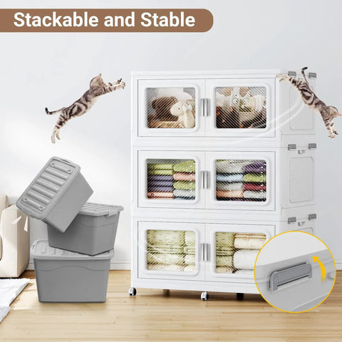 Mega Capacity Extra Large Stackable Storage Bins With Secure Lid And Smooth Rolling Wheels Hella Heavy Duty Portable Plastic Tote Six Pack for Garage Organization, displayed with stacked bins and soft goods.