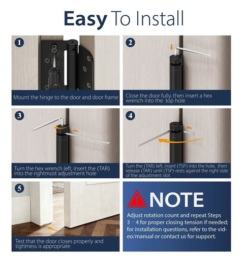 3 Pack 4 Inch Self Closing Door Hinges Showing Off Slick Smooth Operation In Matte Black Finish Square Shape Works Great For Busy Kitchens And Garages Tool Free Wall Prep Means A No Sweat Install Anywhere You Go installation steps diagram.