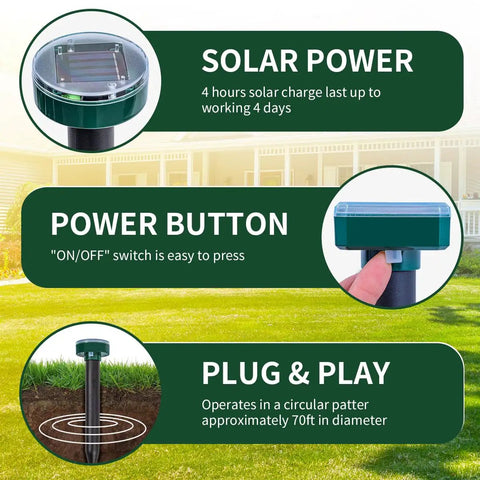 Solar Powered Mole Repellent Stake For Lawns And Gardens Ultrasonic Gopher And Snake Deterrent with solar panel and features