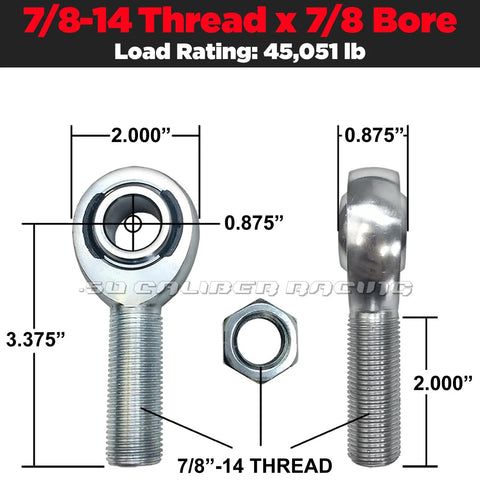 Badass Trail Ready 7 8 Inch Left Thread Heim Joint Kit With Chromoly Weld Bung Tube Adapter And Jam Nut For UTV Rock Crawler Four Link Steering Suspension Gear, showing detailed measurements and load rating.