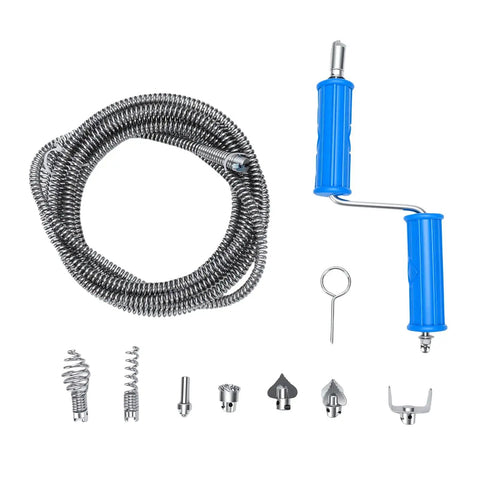 Heavy Duty Drain Snake With Drill Attachment, flexible alloy steel pipe auger with accessories for clearing clogs.