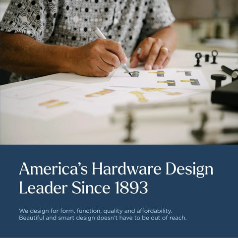 Designer sketching plans, America's hardware design leader since 1893, focused on innovation, quality, and affordability in kitchen and bath.