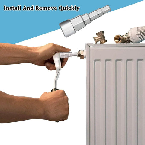 Hand using Heavy Duty Steel Radiator Wrench Socket With Stepped Multi Fitting Shape For Thermostatic Valves And Drain Pipes.