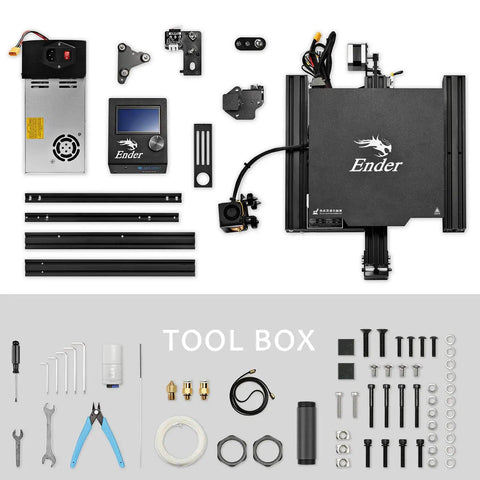 Ready To Ship FDM 3D Printer With Smooth Magnetic Build Plate And Ul Certified Power Supply Loaded With Spare Nozzles And Calibration Tools, parts and tools displayed.