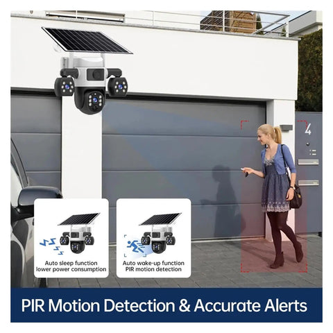Kickass 4G Outdoor Security Camera With Triple Lens Setup And Smart Panoramic Tracking Solar Driven For Nonstop Yard Patrols No Wifi Bills Just Pop A Sim Card And Get It Done with solar panel and person walking.