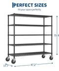 Heavy Duty Rolling Wire Shelving Cart With Five Adjustable Steel Shelves And Locking Swivel Wheels And Hella Solid 640 Lbs Per Tier Build For Garage Pantry Or Basement Storage, dimensions shown.