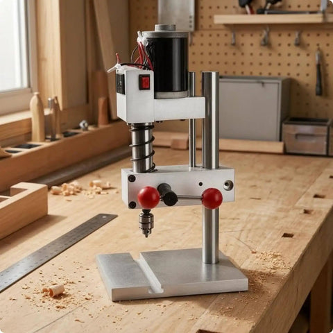 Compact Red Mini Bench Drill Press With Lever Operated Quill And Precision Adjustment Knobs on a wooden workbench.