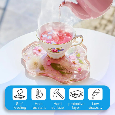 Crystal Clear Epoxy Resin Kit 1 Gallon Self Leveling For Coating And Casting High Gloss Bubbles Free Resin And Hardener demonstrated with a floral coaster under a teacup.