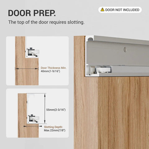 Trackless Concealed Sliding Barn Door Hardware With Dead Silent Soft Close Aluminum Hidden Track For Interior Wood Doors showing door prep and slotting details.
