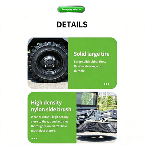 Large solid rubber tire and high density nylon side brush of Heavy Duty Industrial Floor Sweeper Machine For Warehouses And Factories.