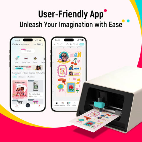 All In One Color Sticker Printer And Cutter For DIY Crafters And Custom Labels And Gifts With Thermal Dye Sublimation 300 DPI And Precise AI Auto Cutting For Home Or Studio Use next to phone app interface