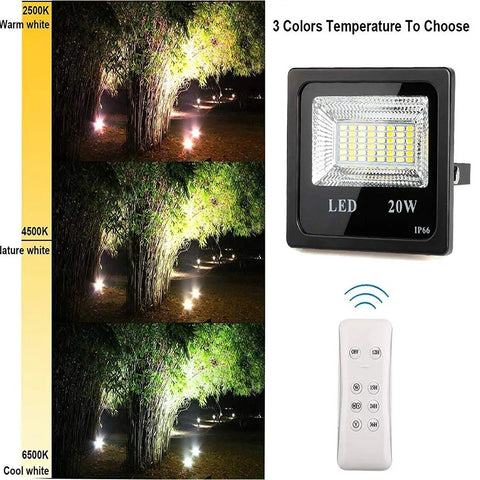 JUDYSSY Solar Flood Lights Led Solar Light with three color temperatures illuminating trees, remote control, IP66 waterproof.
