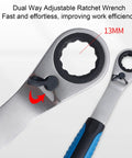 Close-up of dual way adjustable ratchet wrench in 13mm, part of Knockout 46 Piece Pass Through Socket Set With Slim Offset Handle.