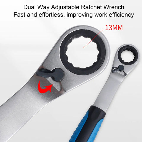 Close-up of dual way adjustable ratchet wrench in 13mm, part of Knockout 46 Piece Pass Through Socket Set With Slim Offset Handle.