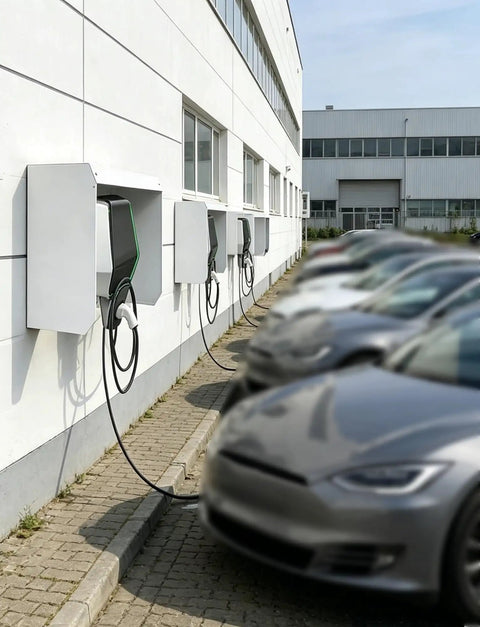 Badass Weatherproof EV Charger Cover Rock Solid Outdoor Shelter Block Heavy Rain Blowing Snow Scorching Sun Universal Galvanized Steel Wall Mount Protective Box on charging station in parking area.