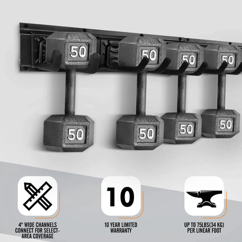 Heavy Duty Garage Wall Organizer Rack Kit With Three Mop Holders And Six Multi Purpose Hooks showing panel holding dumbbells