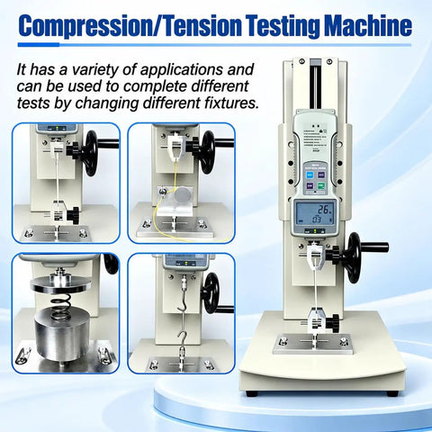 Digital Force Tester For Tension And Compression Testing Boasting Rock Solid Heavy Duty Design And Hella Accurate Pull Or Push Readings For No Hassle Quality Control Inspections showing multiple testing fixtures.
