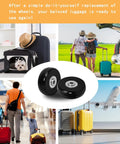 Replacement Wheels For Luggage Suitcase 50mm Diameter 8 Pc Wheel Set With 30mm, 36mm And 50mm Axles, 20 Pc Washers, 12 Pc Screws, 32 Pc Spacers, 8 Pc Axle Adapters, Hex Wrench And Gloves Durable Mute Rubber Swivel Casters Repair Kit displayed.