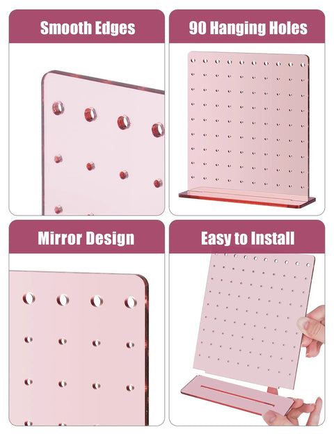 Rose Gold Mirror Finish Acrylic Earring Stand Three Pack Set showing smooth edges and 90-hole design, easy to install.
