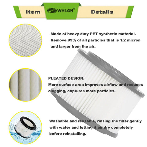 Two Pack Washable Cartridge Filter And Retainer Set For Four Gallon Wet Dry Vacuums With Brush; pleated design, PET material
