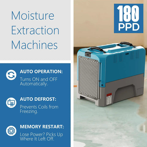 Beast Mode Commercial Dehumidifier Handles 180 Pints Daily Built In Drain Pump Eats Through Heavy Damp For Tough Water Damage Jobs That Need Heavy Duty Extraction Power Without Any Sweat At All, showing auto operation features.