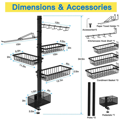 Griddle Caddy Organizer For Outdoor Grilling with paper towel holder and four direction mount showing dimensions and accessories.