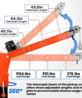 Straight Up Heavy Duty Electric Pickup Truck Crane Built To Tackle Boss Level Loads With Folding Bed Mount And Three Stage Telescoping Boom showcasing adjustable lengths and load ranges.