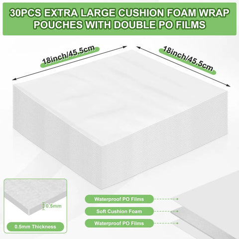 30 Piece Heavy Duty Cushion Foam Packing Pouches, 18x18 inch, double PO films, designed for reliable shipping protection.