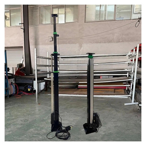 Solid Build Aluminum Telescopic Mast With Electric Push Button And Manual Hand Crank Dual Lift System For Portable Tv Antenna Ham Radio And Field Gear Quick Deploy shown upright in workshop.