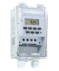 Rock Solid Heavy Duty Waterproof Programmable Timer Switch For Indoor And Outdoor Use Controls Christmas Lights Fountains Aerators With Plug And Play Schedule Setup with water droplets on the cover.