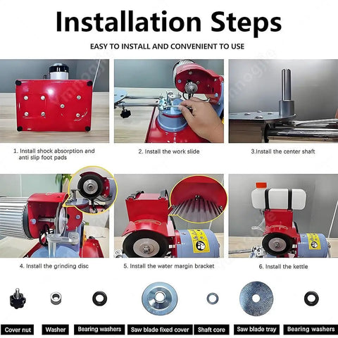 Installation steps for Kickass Electric Circular Saw Blade Sharpener With Bright Built In Led Light And Precise Sliding Rail.