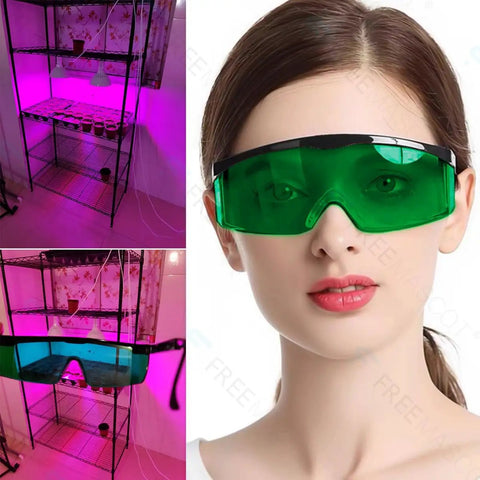 Heavy Duty Grow Room Safety Glasses Blocking UVA And UVB Light For Intense LED Fixtures Low Key Zero Glare Lens worn by a woman.