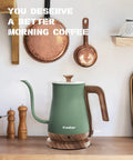 Gooseneck Electric Kettle 0.8L 1000W Stainless Steel Pour Over Kettle For Coffee And Tea With Auto Shut Off Wood Grain Handle In Matcha Green
