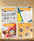 Images showcasing various uses of Bluetooth Sticker Printer Mini Portable Sticker Maker With 3 Roll Paper Inkless Thermal Printing For iPhone Notes And Journals DIY Crafts And Kids Gift On The Go, including photos, study notes, gift cards, and stickers.