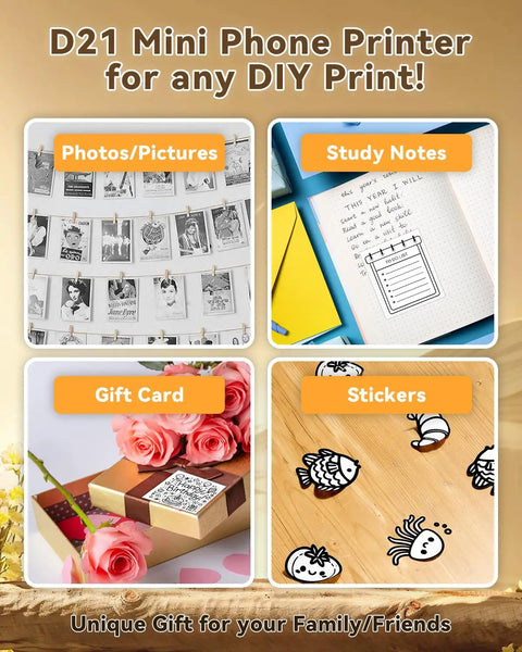 Images showcasing various uses of Bluetooth Sticker Printer Mini Portable Sticker Maker With 3 Roll Paper Inkless Thermal Printing For iPhone Notes And Journals DIY Crafts And Kids Gift On The Go, including photos, study notes, gift cards, and stickers.