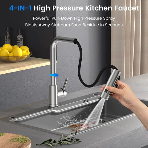 Big Time Upgrade Pull Down Kitchen Sink Faucet Featuring Four High Pressure Spray Modes In Durable Brushed Nickel and Reliable Waterfall Flow for Zero Stress Cleanup Jobs in a modern kitchen.