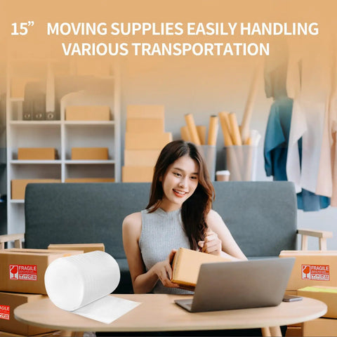 Heavy Duty Packing Foam Roll 160 Feet Long Cushion Wrap on table with packing boxes for safe shipping.