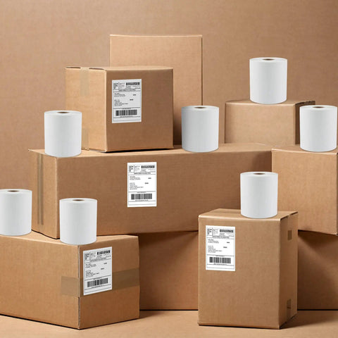 Direct Thermal Shipping Labels Four By Six Inches Two Hundred Fifty Count Perforated Sheets Smudge Proof Coating in use on shipping boxes.