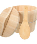 Top Shelf Wooden Rice Steamer Basket With Secure Lids And Movable Bottom For No Sweat Cleaning And Smooth Daily Cooking Plus Heat Retaining Storage Buckets, with lid and spoon.